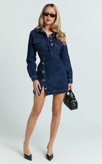 Ainsley Mini Dress - Button Through Long Sleeve Denim Dress in Dark Blue
