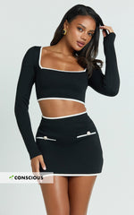 Riri Top - Long Sleeve Square Neck Recycled Knit  Top in Black