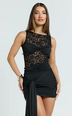 Ellen Mini Dress - Lace Contrast Skirt Bodycon Dress in Black