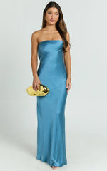 Charlita Maxi Dress - Strapless Cowl Back Satin Dress in Steel Blue