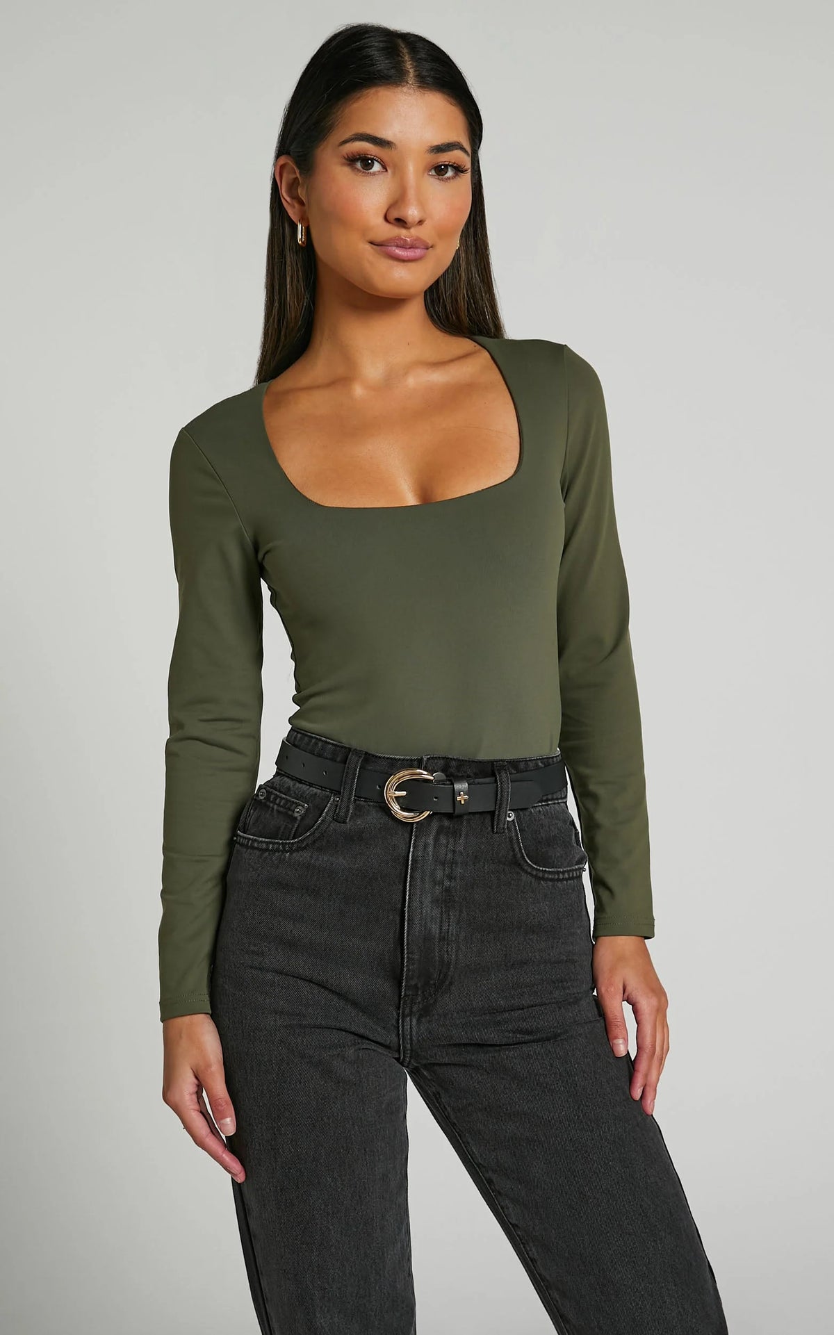 Elia Bodysuit - Square Neck Long Sleeve Bodysuit in Olive