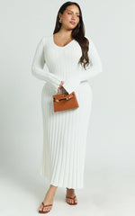 Astra Maxi Dress - V Neck Long Sleeve Knit Dress in White