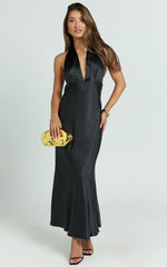 Aiyana Midi Dress - Halter Neck Satin Dress in Black