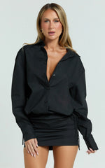 Avalon Mini Dress - Button Up Ruched Shirt Dress in Black