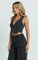 Fergie Top - Denim Crop Vest Top in Washed Black