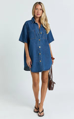 Richelle Mini Dress - Short Sleeve Denim Shirt Dress in Mid Blue