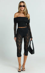 Roxanna Pants - Low Rise Lace Side Split Capri Pants in Black