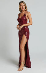 Out Till Dawn Maxi Dress - Thigh Split Dress in Wine Sequin