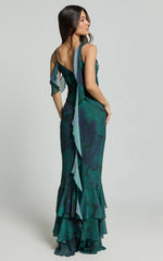 Riley Maxi Dress - Asymmetric Ruffle Detail Maxi Dress in Moss Adeana