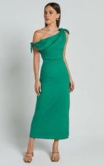 Cincinnati Midi Dress - Off The Shoulder Side Split Column Linen Dress in Green