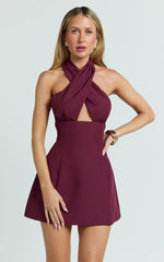 Narcisa Mini Dress - Twist Neck Keyhole A Line Dress in Wine