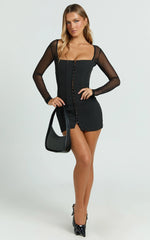 Alaya Mini Dress - Sheer Long Sleeve Hook and Eye Dress in Black