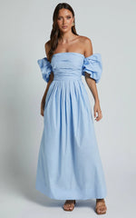Annie Midi Dress - Off The Shoulder Ruffle Sleeve Pleated Dress in Pale Blue