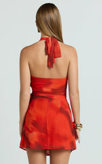 Eva Mini Dress - Plunge Halter Wrap Dress in Abstract Adeana Print