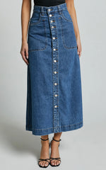 Alisa Midi Skirt - Button Through A Line Denim Skirt in Dark Blue Wash
