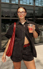 Rhianna Top - Oversized Recycled Denim Short Sleeve Shirt in Washed Black