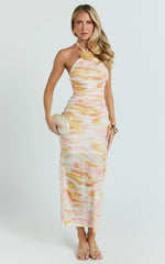 Nessa Midi Dress - Halterneck Ruched Fitted Shell Trim Fitted Mesh Print Dress in Ocean Foam Print