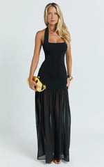 Barbara Maxi Dress - Halter Scoop Neck Contrast Georgette Dress in Black