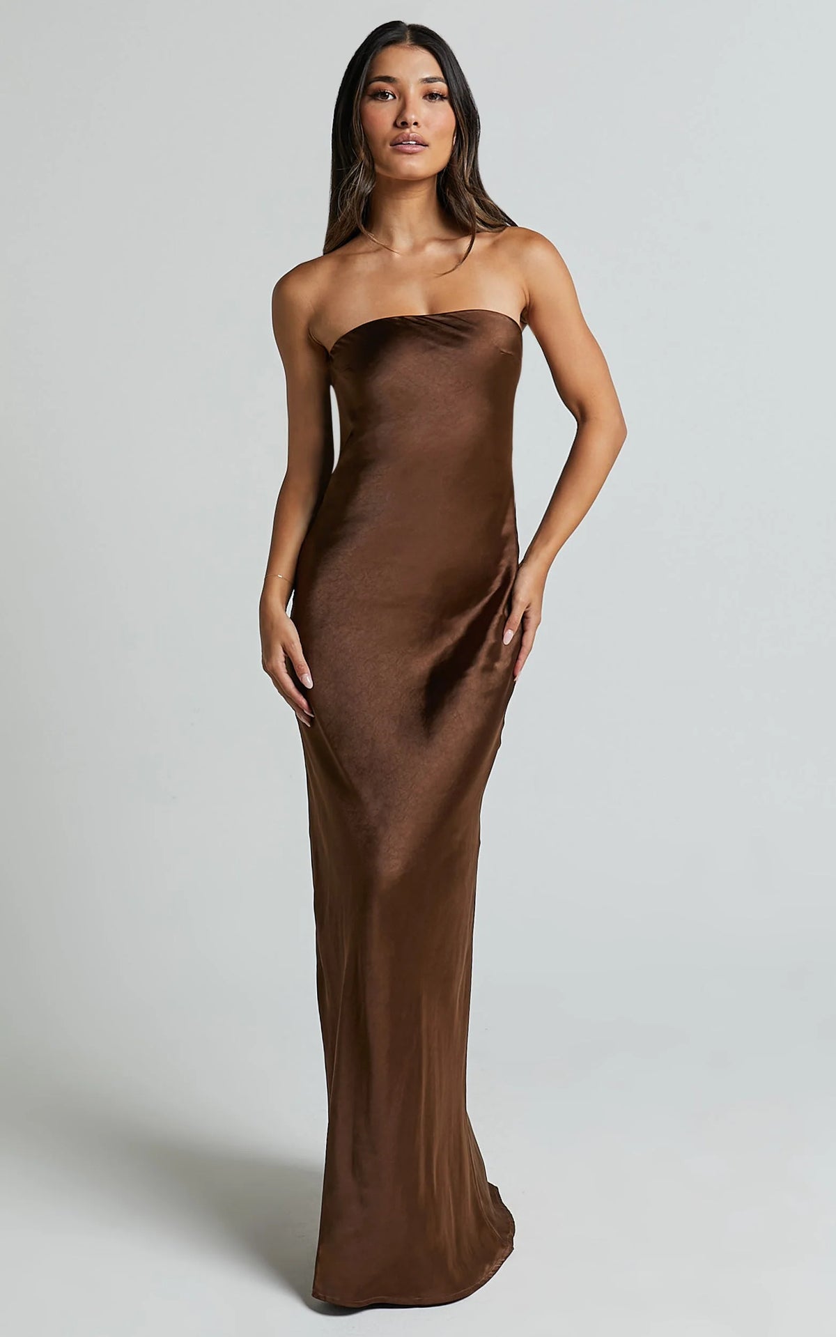 strapless cowl back satin maxi dress Strapless Open Cowl Back Gown