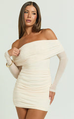 Clyde Mini Dress - Mesh Off Shoulder Ruched Bodycon Dress in Cream