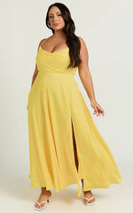 Celestine Midi Dress - Lace Up Back Cowl Neck Dress in Lemon