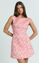 Courtney Mini Dress - Boat Neck Fit and Flare Dress in Pink
