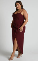 Andrina Midi Dress - High Low Wrap Corset Dress in Wine