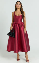 Courtney Midi Dress - Corset Panel Low Back Dress in Wine