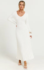 Astra Maxi Dress - V Neck Long Sleeve Knit Dress in White