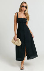 Cameron Midi Dress - Button Front Tie Back Dress in Black