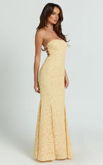 Belrose Maxi Dress - Jacquard Square Neck Fit And Flare Dress in Yellow