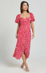 Carlyn Midi Dress - Sweetheart Puff Sleeve Wrap Dress in Red Floral