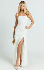 Cardi Maxi Dress - Ruched Mesh High Leg Split Dress in Ivory