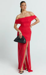 Leticia Maxi Dress - Mesh Off Shoulder Ruched High Split Dress in Red