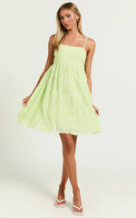 Claya Mini Dress - Sleeveless Straight Neckline Floral Detail Dress in Lime
