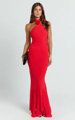 Frederica Maxi Dress - Gathered Halter Neck Godet Dress in Red