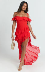 Brigitte Maxi Dress - Halter Off Shoulder Georgette Ruffle Tiered Dress in Red