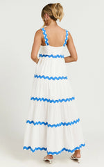 Brenda Midi Dress - Sleeveless Straight Neck Wave Detail A Line Dress in White