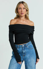 Jolie Top - Off Shoulder Long Sleeve Gathered Top in Black