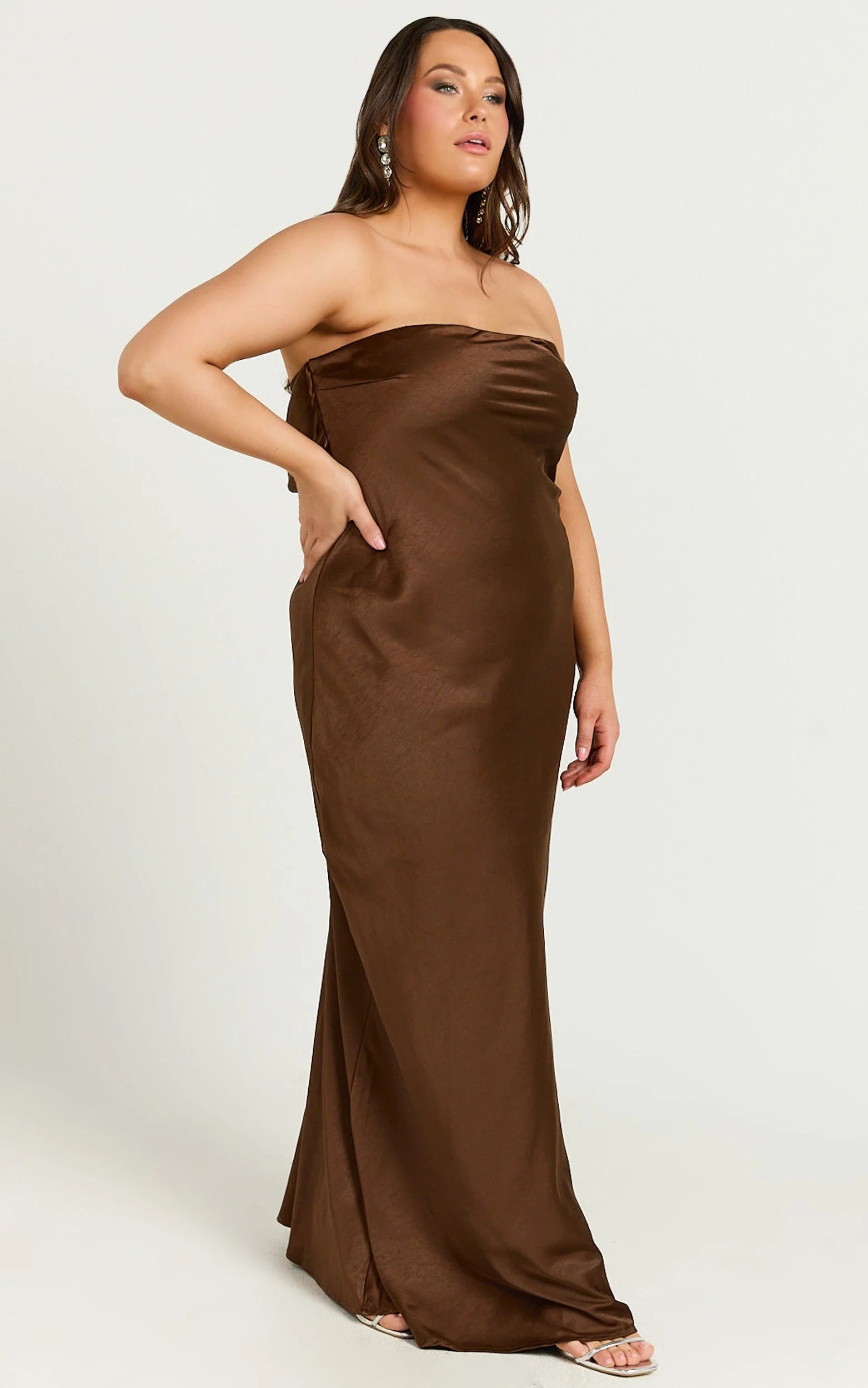 charlita maxi dress strapless cowl back satin dress Charlita Maxi Dress - Strapless Cowl Back Satin Dress in Charcoal