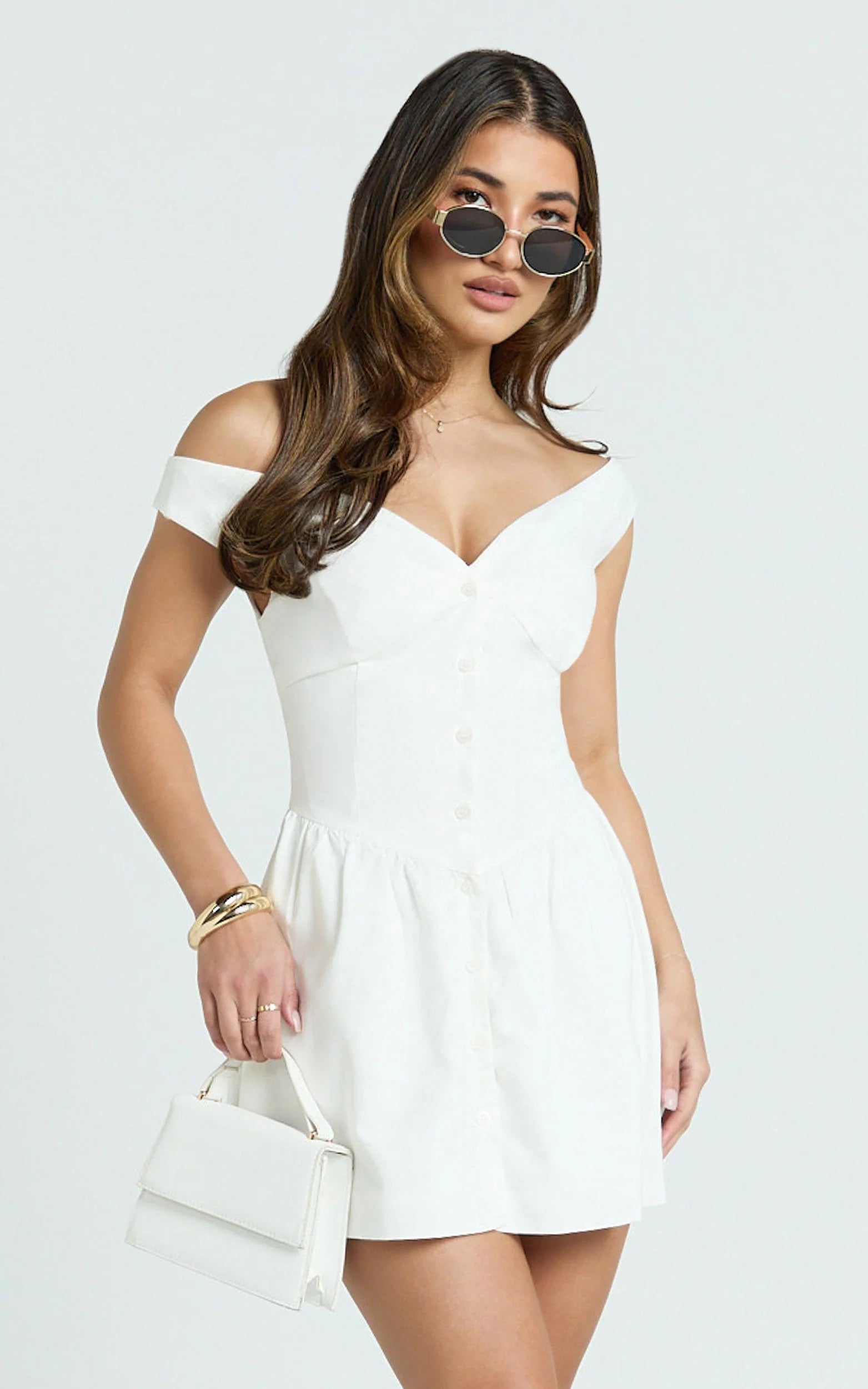 white off shoulder button dress Aloruh Women's Vintage Elegant Solid White Off Shoulder Sleeveless A-Line Dress With Metal Button Decor For Graduation Season Cocktail Party Summer