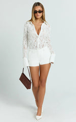 Regina Top - Textured Lace Button Down Shirt in White