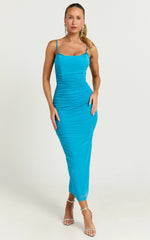 Rosalez Midi Dress - Strappy Ruched Bodycon Dress in Blue