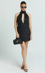 Polly Mini Dress - High Neck Keyhole Shift Dress in Black