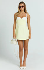 Anna Mini Dress - Contrast Neck Tulip Skirt Dress in Lemon and White
