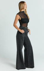 Brayden Bodysuit - High Neck Cap Sleeve Sheer Bodysuit in Black