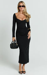 Naya Midi Dress - Long Sleeve Sweetheart Neck Bodycon Dress in Black