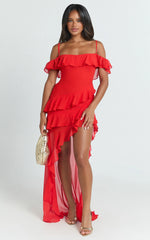 Brigitte Maxi Dress - Halter Off Shoulder Georgette Ruffle Tiered Dress in Red