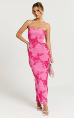 Mina Midi Dress - Embroidered Mesh Dress in Pink