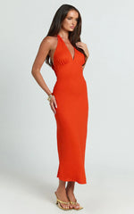 Adele Midi Dress - Halter Plunge Bias Cut Dress in Orange